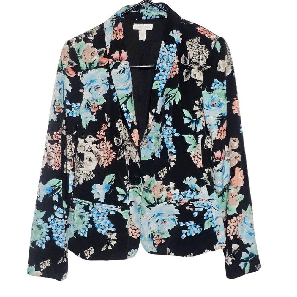 Charter Club Floral Roses Print Blazer S Black Multicolor Pastels Lightweight